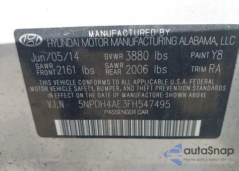 2015 Hyundai Elantra Se from USA, damaged, VIN 5NPDH4AE3FH547495